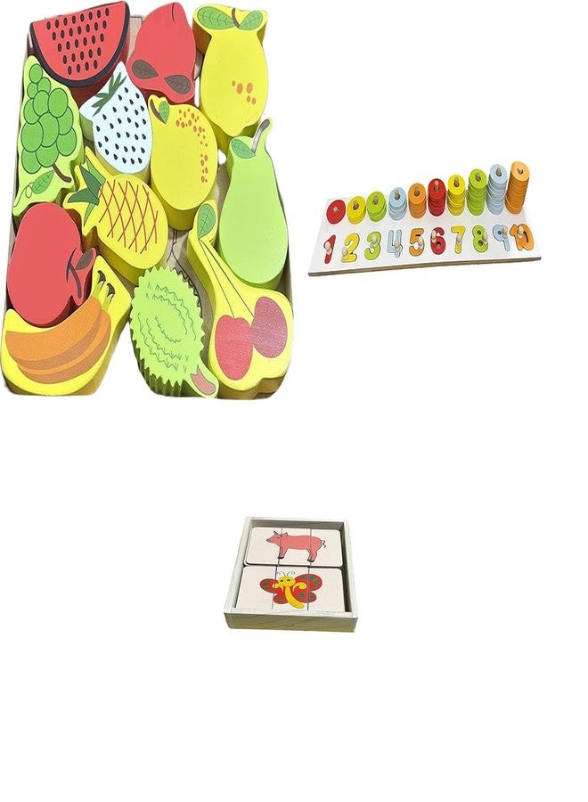 Kinder Creative 3D Fruits Stacking Puzzle,Peg Number Ring Counting Set,Three-Part Puzzle for Toddlers, Educational Puzzle and Toys for Kids Pack of 3 - Image 1